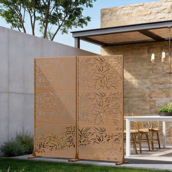 70 in. W x 72 in. H Brown Galvanized Steel Freestanding Bamboo Leaf Cut Garden Privacy Screen (2-Pack)