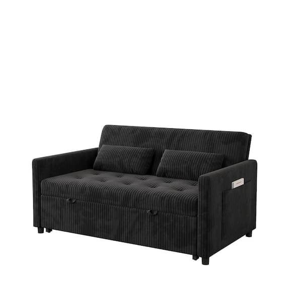 Sleeper Sofa Couch W/Pull Out Bed, 53 in. Modern Velvet Convertible Sleeper Sofa Bed, 2-Seater Seat Sofa Bed, Black