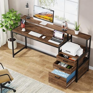 Halseey 63 in. Retangular Vintage Brown Wood 3-Drawer Computer Desk with Monitor Stand