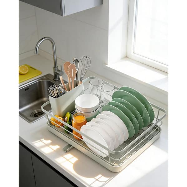 Light Grey Stainless Steel Countertop Dish Rack, Sink Organizer with Cutlery Holder for Kitchen, Home and Apartment