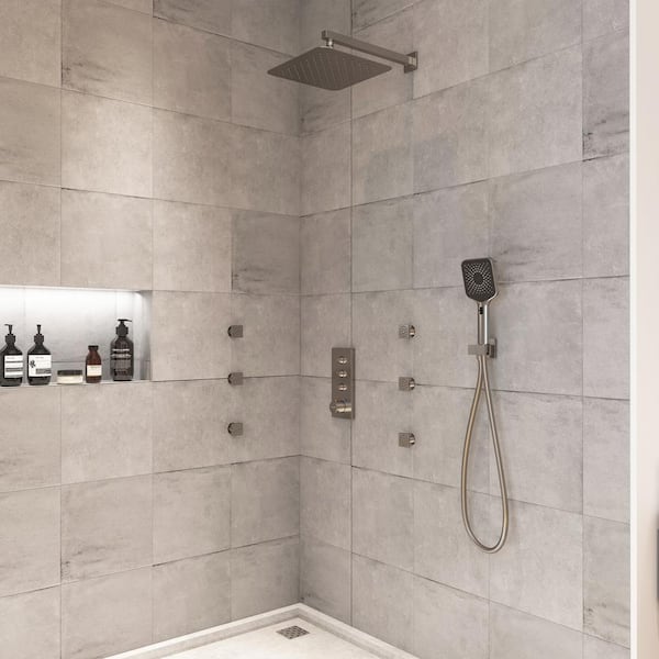 Luxury Thermostatic 3-Spray Patterns 12 in. 1.8 GMP Flush Wall Mount Rainfall Dual Shower Heads in Brushed Nickel