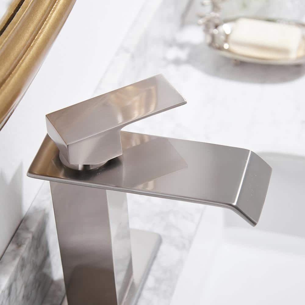 Brushed Nickel Single Handle Waterfall Bathroom Faucet with Pop Up Drain