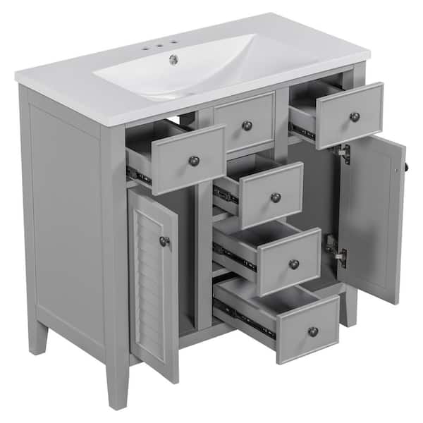 36 in. W x 19 in. D x 35 in. H Single Sink Freestanding Bath Vanity in Gray with White Ceramic Top