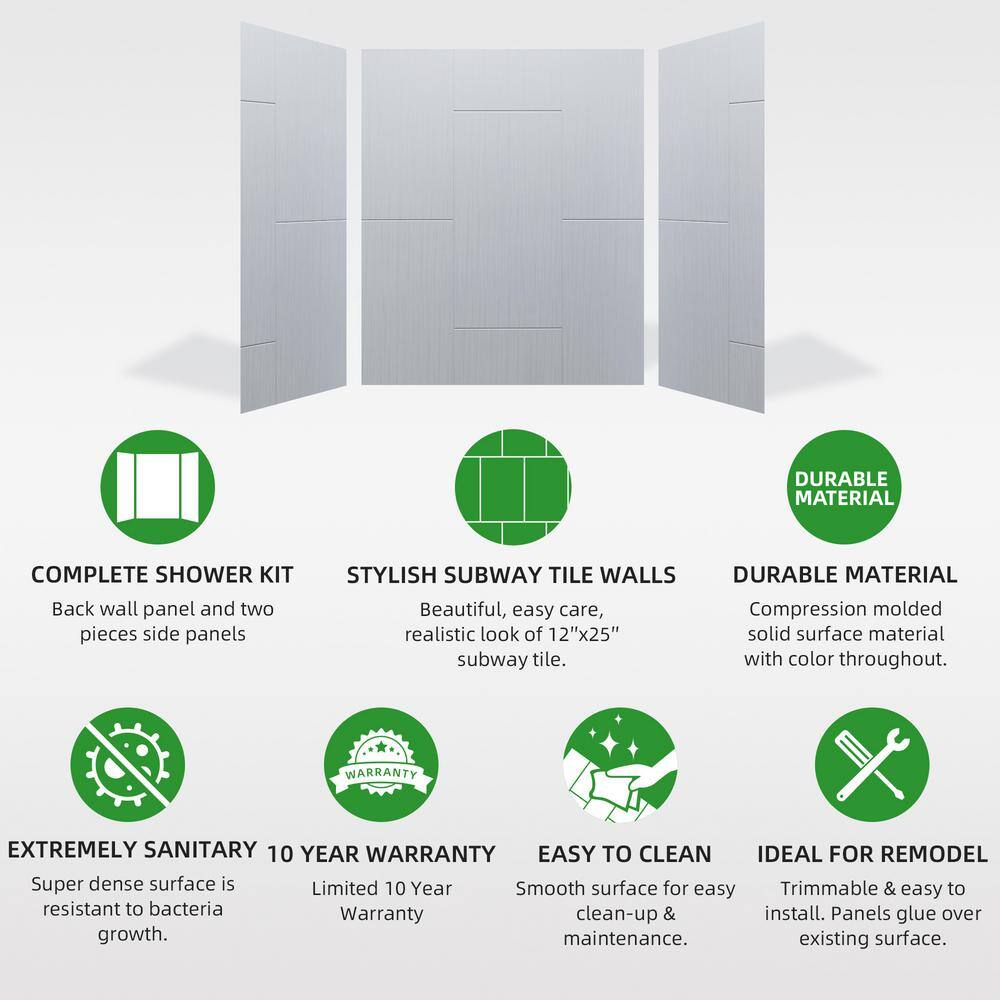 Matte White Composite Alcove Shower Wall Panels, 75" H x 60" W
