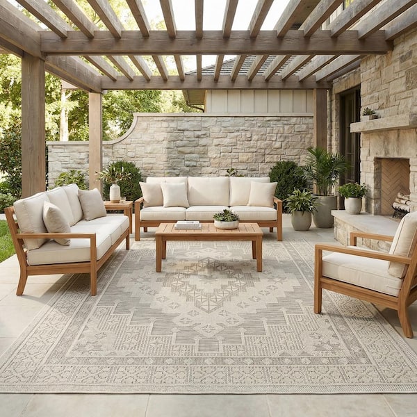Liguria Sarzana Dove Gray 9 ft. x 12 ft. High-Low Medallion Indoor/Outdoor Area Rug