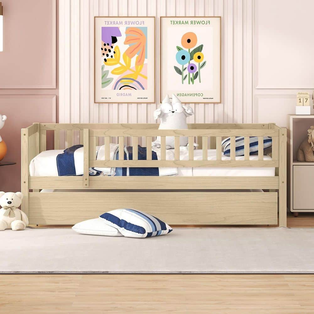 Natural/Yellow Pine Wood Frame Twin Size Platform Bed with Trundle and Fence Guardrails