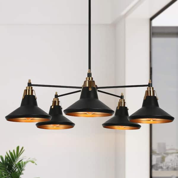 Zevni Tencanonia Modern Industrial 5-light Matte Black Sputnik Chandelier with Metal Shade, Brass Dining Room Pendant Light