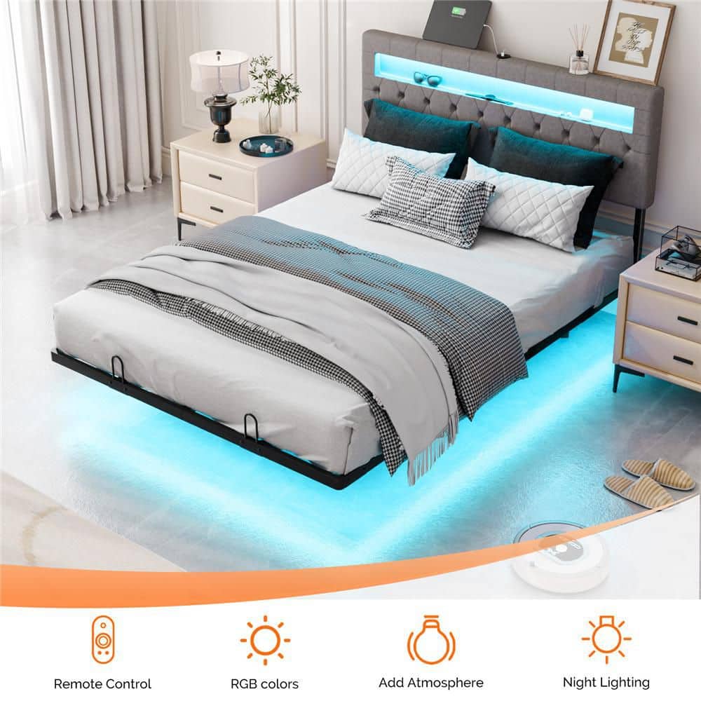 Gray Full Size Floating Bed Frame with Upholstered Headboard/Charging Station,RGB LED Lights - thumbnail 4