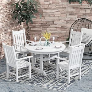 Hayes 5-Piece HDPE Plastic All Weather Outdoor Patio Round Trestle Table Dining Set with Arm Chairs in White