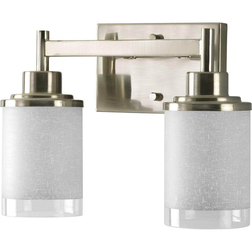 Brushed Nickel 2-Light Bath Fixture with White Linen Glass Shades