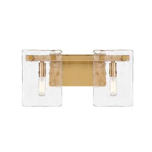 Genry 15.25 in. 2-Light Warm Brass Bathroom Vanity Light with Clear Rippled Glass Panes