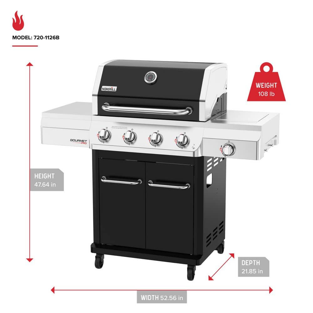 Nexgrill Gourmet Pro 4 Burner Propane Gas Grill with Side Burner in Black with Cover 720-1126B