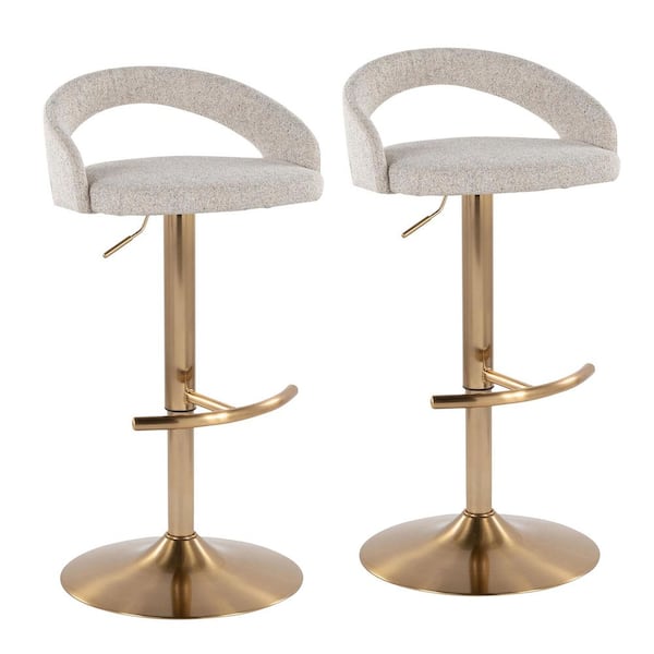 Grotto Upholstered 39 in. Gold Metal and Oat Noise Fabric Adjustable Bar Stool (Set of 2)