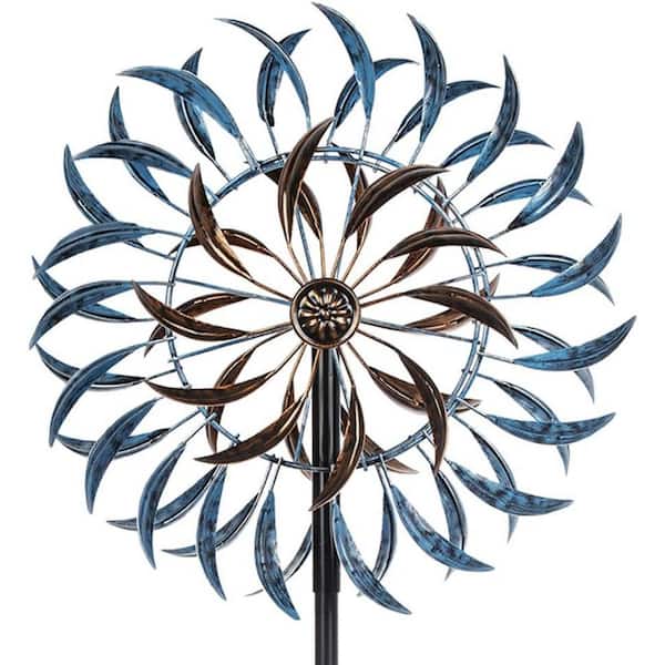 64 in. H 360° Outdoor Metal Wind Spinners Kinetic Wind Sculptures, Spinners for Yard Garden Lawn, Blue & Brown(16 in. )