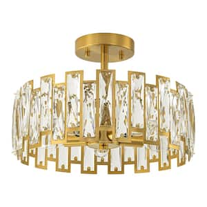 Joey 12.9 in. W 5-Light Brass Gold Mid-Century Modern Glam Cage Drum Crystal Semi- Flush Mount Ceiling Light