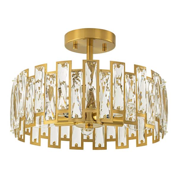 Joey 12.9 in. W 5-Light Brass Gold Mid-Century Modern Glam Cage Drum Crystal Semi- Flush Mount Ceiling Light