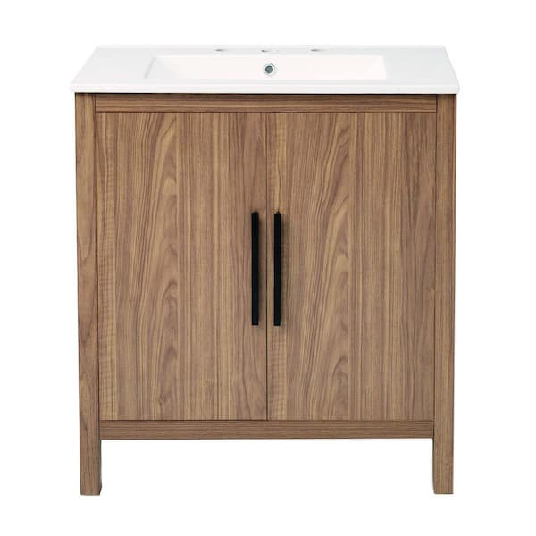 30 in. W Freestanding Bath Vanity in Natural with White Ceramic Top, Soft Closing Door, Multi-Function Storage