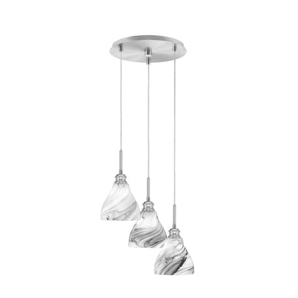 Unbranded Albany 60-Watt 13.5 in. 3-Light Brushed Nickel Cord Pendant Light Onyx Swirl Glass Shade