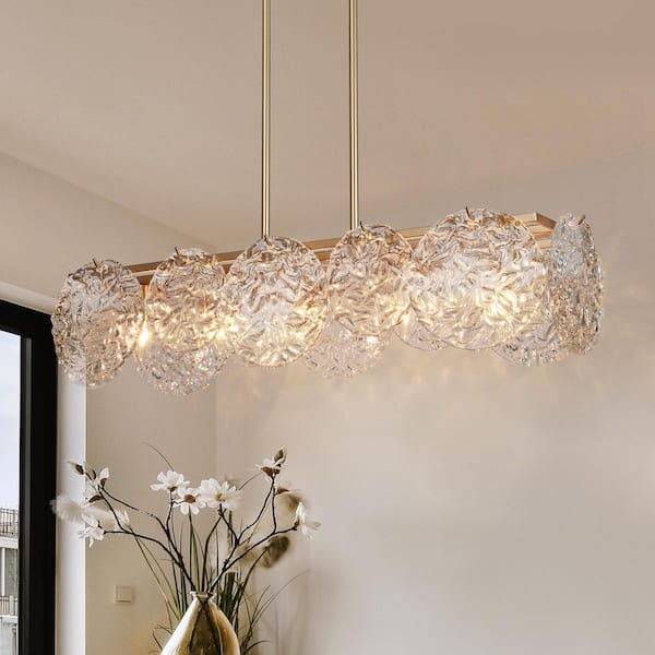 33 in. 5-Light Dark Gold Island Chandelier Lighting, Modern Farmhouse Pendant Light with Water Ripple Clear Glass Shade
