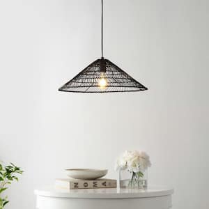 Connie 20.25 in. 1-Light Farmhouse Coastal Rattan 180 in. Cord Plug-In or Hardwired LED Pendant, Black