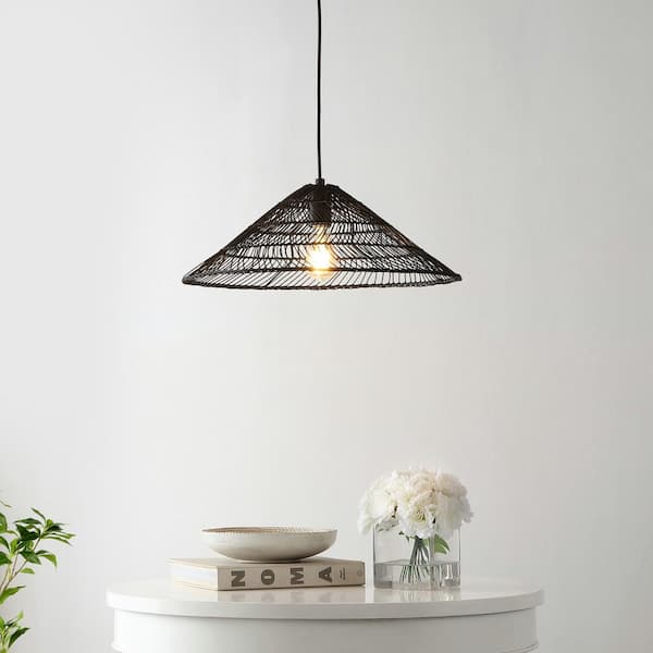 Nova 20.25 in. 1-Light Farmhouse Coastal Rattan 180 in. Cord Plug-In or Hardwired LED Pendant, Black