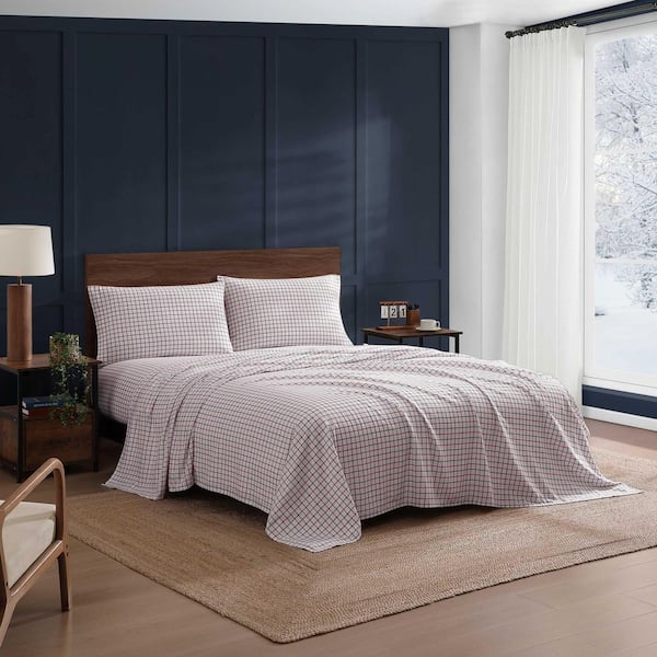Tompkins Windowpane 4-Piece White/Red/Navy Blue Flannel Queen Sheet Set