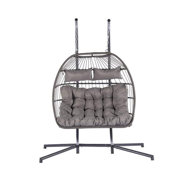 Zeus & Ruta 2 Person 720 lbs. Outdoor Rattan Hanging Metal Patio Chair Wicker Egg Chair with with Black Stand and Gray Cushions