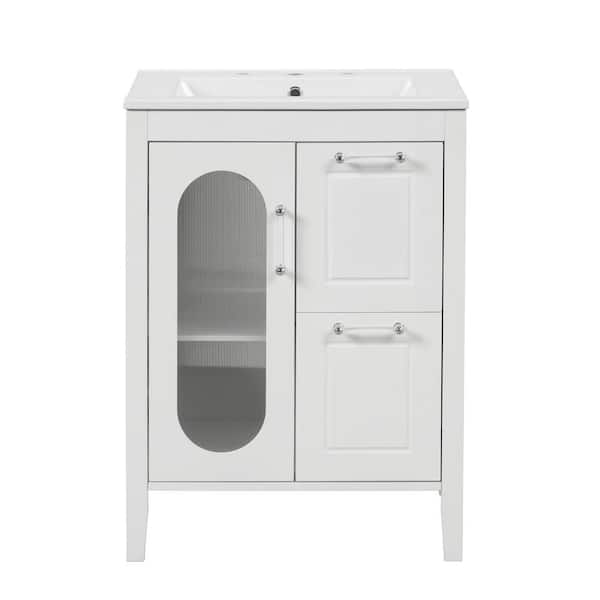 Aoibox 24 in. W x 18.3 in. D x 33.2 in. H Single Sink Freestanding Bathroom Vanity in White with White Ceramic Top
