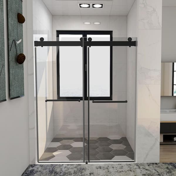 60 in. W x 76 in. H Freestanding Double Sliding Frameless Enclosure Alcove Shower Doors in Matte Black Finish