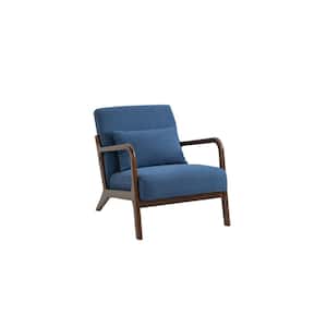 TD Garden Mid Century Modern Outdoor Lounge Chair with Walnut Frame and Blue Cushion Relaxing Garden Armchair