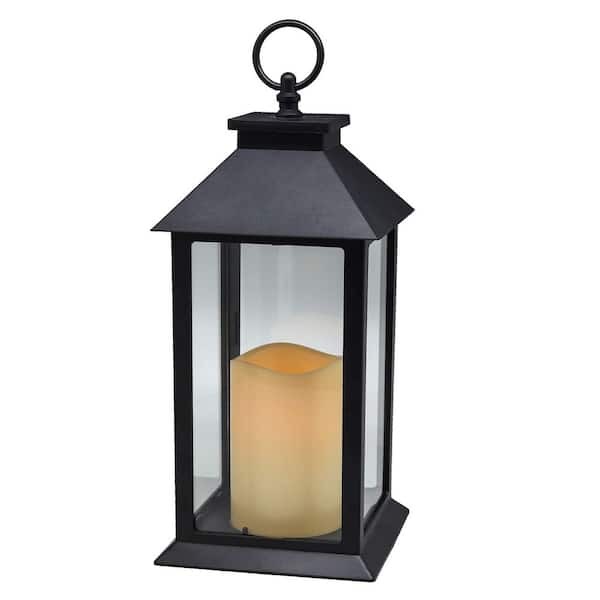 13.7 in. x 5.6 in. Black Plastic Lantern with Candle 1-Pack Portable Led Lantern Decorative Operated Battery for Garden