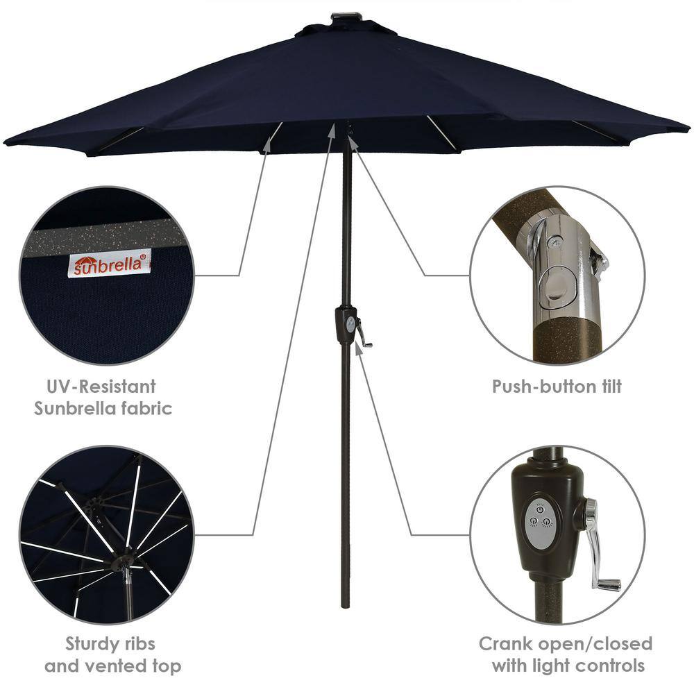 Navy Blue Aluminum Solar LED Patio Market Umbrella with Tilt, 9 ft