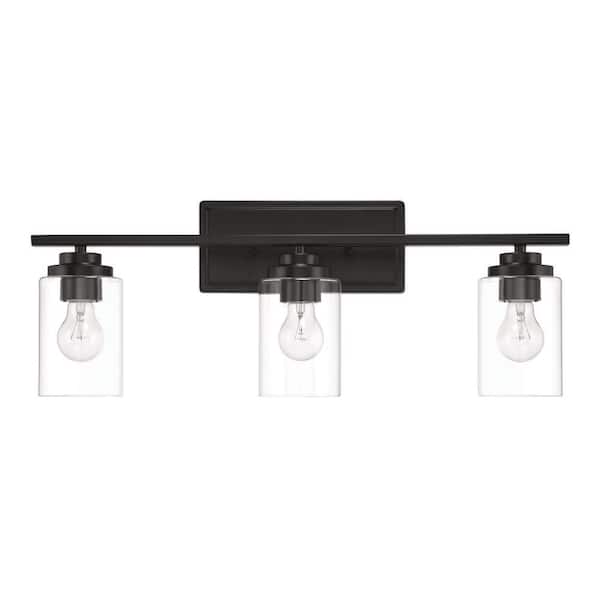 CRAFTMADE Clark 24.75 in. 3-Light Flat Black Finish Vanity Light with Clear Glass Shade