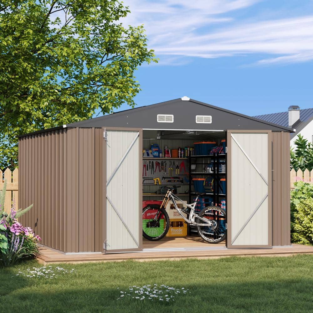 10' x 10' Brown Metal Storage Shed with Black Peak Roof