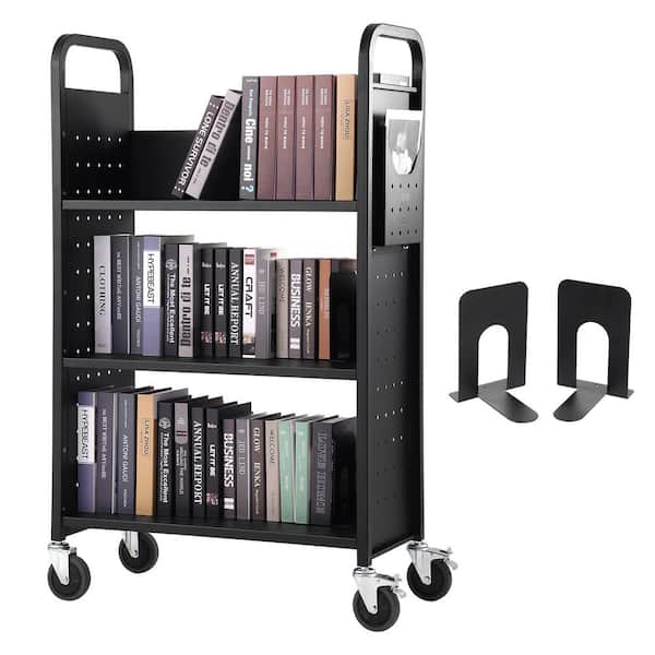 SKYSHALO Book Cart 330 lbs. Library Cart 31 x 15 x 49 in. Single Sided L-Shaped Book Shelf with 4 in. Lockable Wheels in Black