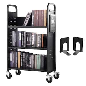 Book Cart 330 lbs. Library Cart 31 x 15 x 49 in. Single Sided L-Shaped Book Shelf with 4 in. Lockable Wheels in Black