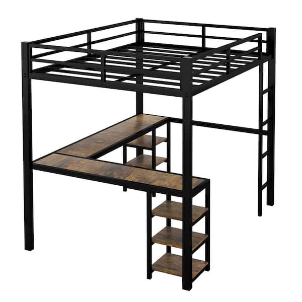 Modern Industrial Black Full Size Loft Bed with Desk and Storage Shelves Metal Loft Bed Frame for Kids, Students, Teens