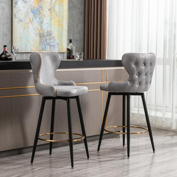 Aisword 41 3 In Light Grey Modern, Leather Swivel Bar Stools With Nailhead Trim