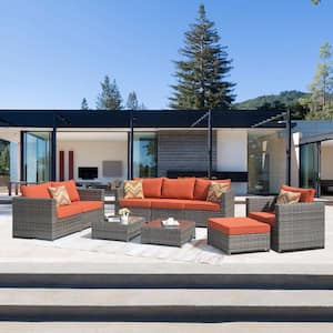 Honory Gray 9-Piece Big Size Wicker Patio Conversation Seating Set with Orange Red Cushions