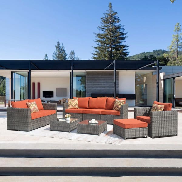 OVIOS Honory Gray 9-Piece Big Size Wicker Patio Conversation Seating Set with Orange Red Cushions