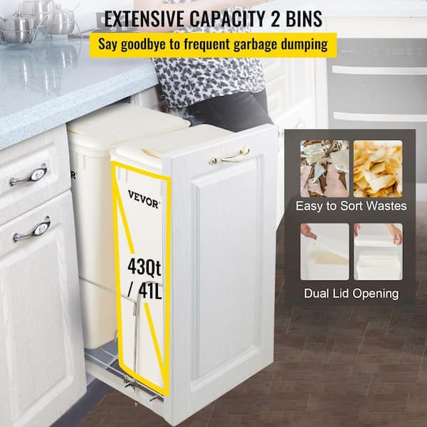 VEVOR Pull-Out Trash Can, 43Qt Double Bins, Under Mount Waste Container  with Soft-Close Slides, 176 lbs Load Capacity & Door-Mounted Brackets,  Garbage