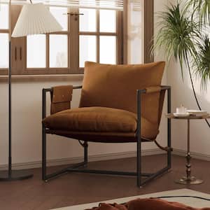 Brown Corduroy Upholstered Metal Frame Sling Accent Chair