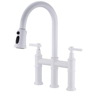 Double Handle Bridge Kitchen Faucet with in White Transitional Pull-Down Spray Head