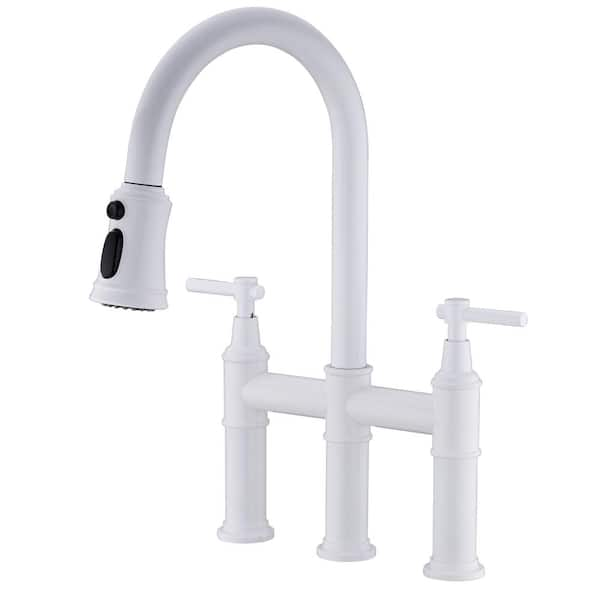 Fapully Double Handle Bridge Kitchen Faucet With In White Transitional   White Bridge Kitchen Faucets Fat 1054w Q 64 600 