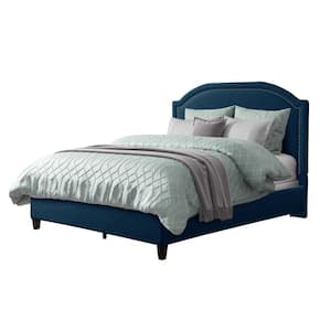 Florence Navy Blue Fabric Queen Bed Frame with Arched Headboard and Nailhead Trim Accents