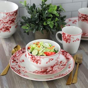 Traditional Rose 16 Piece Red Stoneware Dinnerware Set, Service For 4