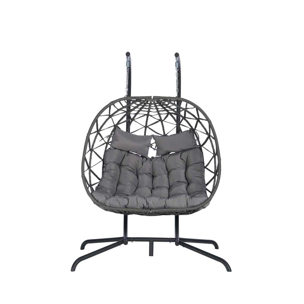 2-Person Wicker Patio Swing, Patio Egg Chair with Dark Gray Cushion for Por