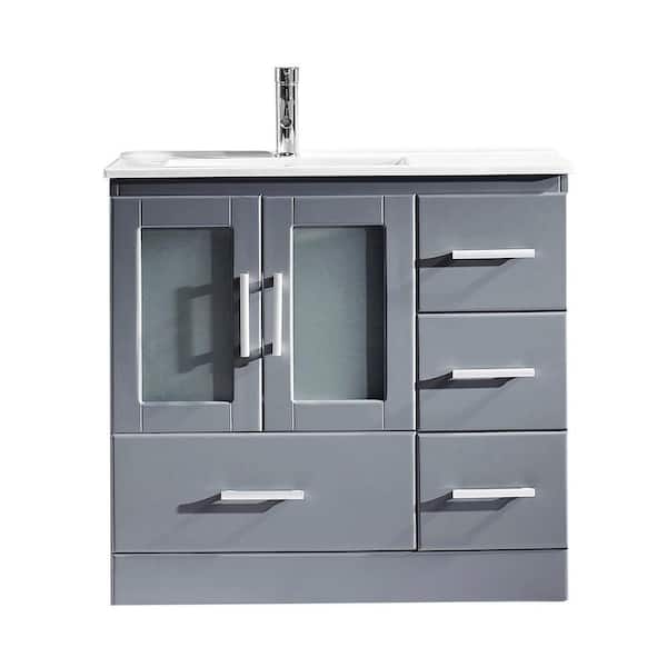 Virtu USA Zola 36 in. W Bath Vanity in Gray with Ceramic Vanity Top in Slim White Ceramic with Square Basin