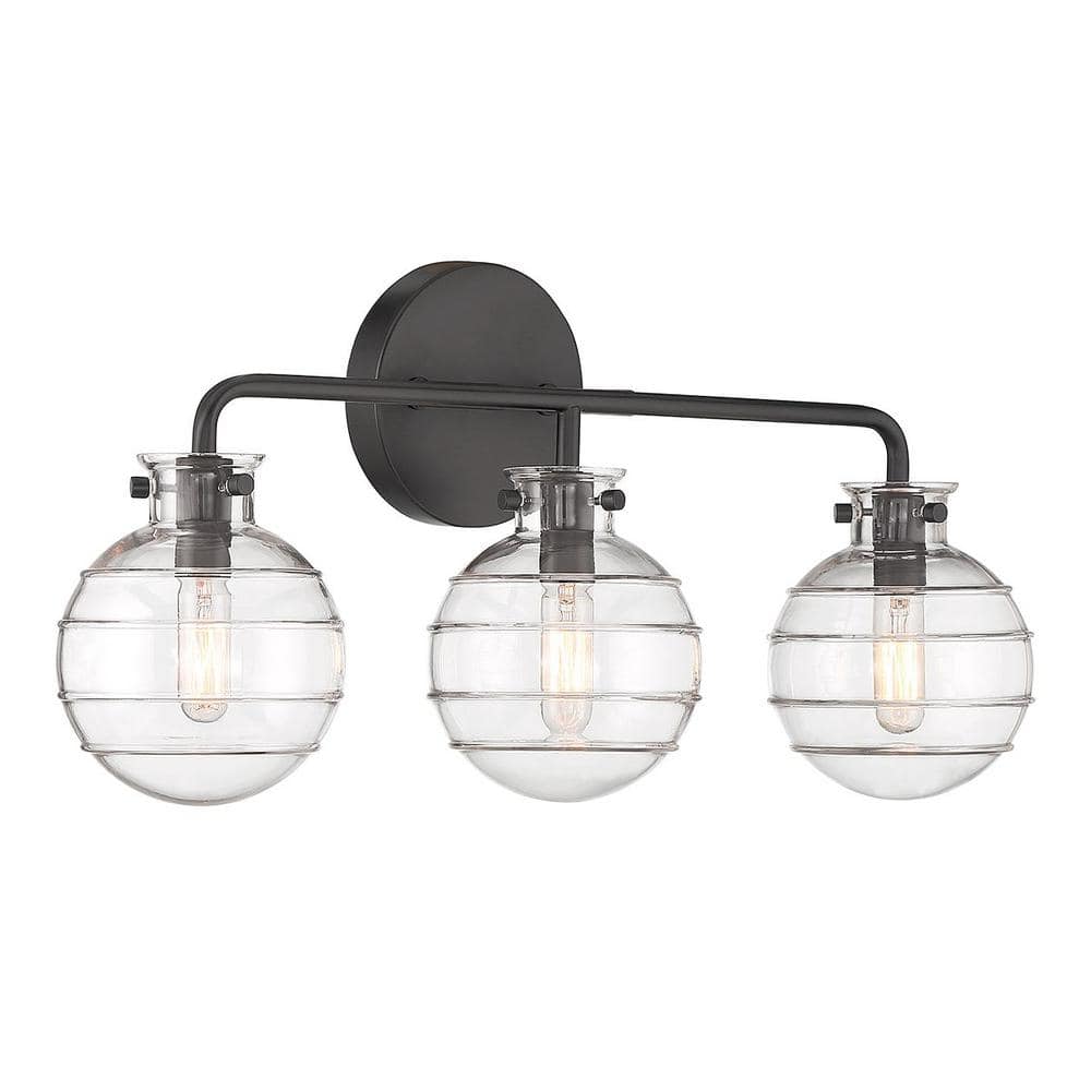 Matte Black 3-Light Vanity Light with Clear Swirl Glass Shades