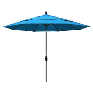 11 ft. Stone Black Aluminum Market Crank Lift Patio Umbrella in Canvas Cyan Sunbrella